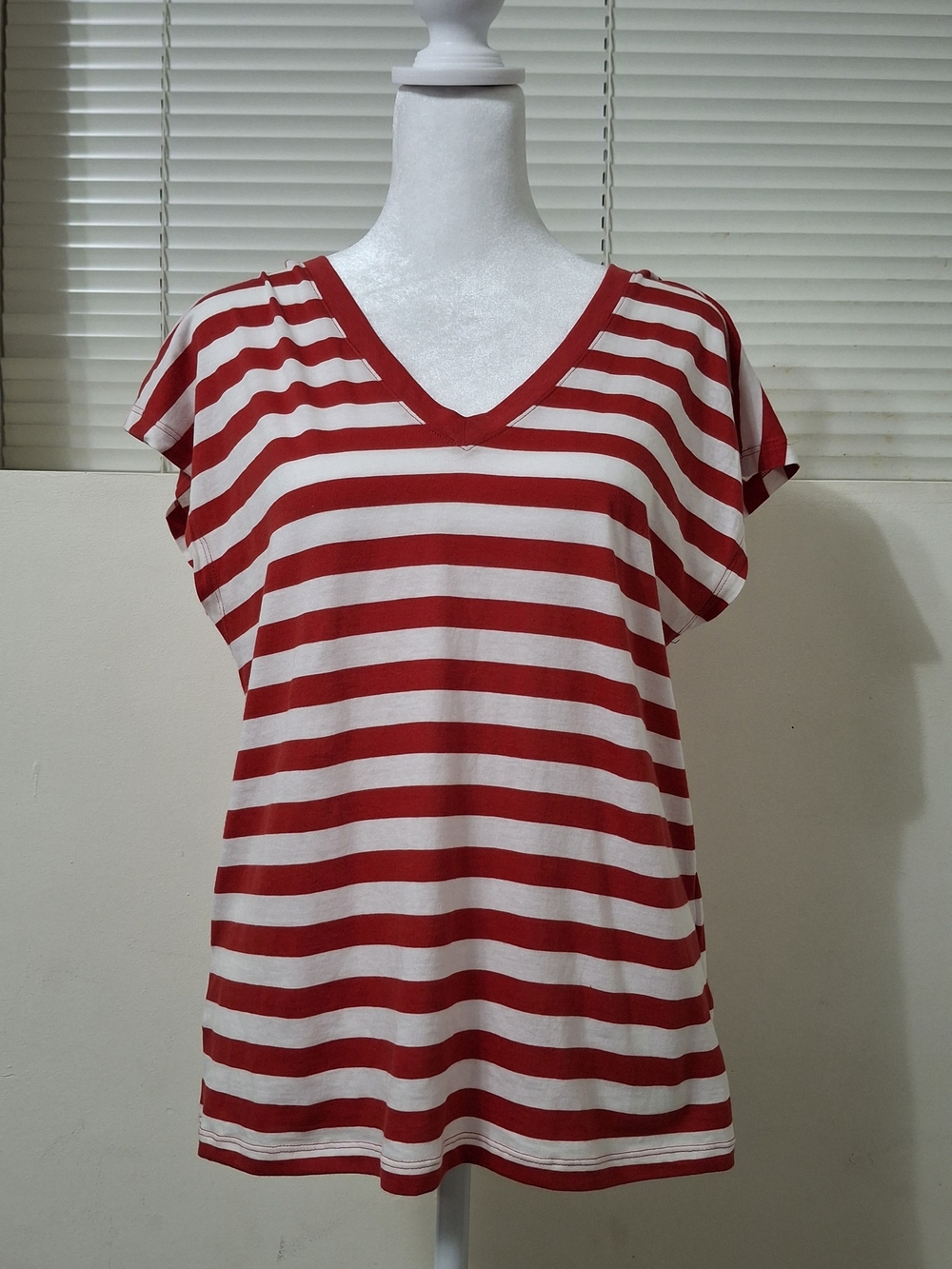 Joe Fresh Red and White Striped V-Neck Tee - Size S/P (EU/US Small)